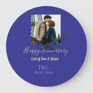 Modern boho happy anniversary add name blue orange large clock