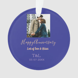 Modern boho happy anniversary add name blue orange ornament