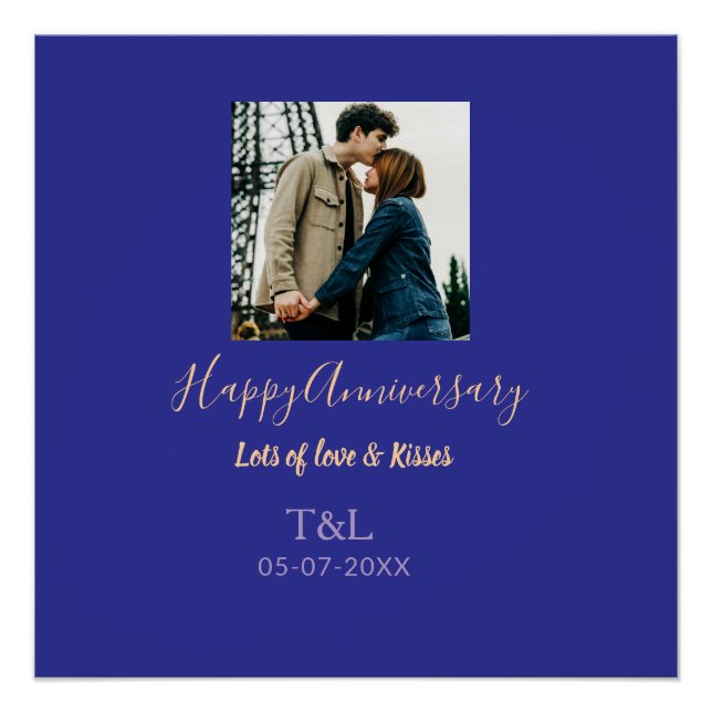 Modern boho happy anniversary add name blue orange poster (Front)