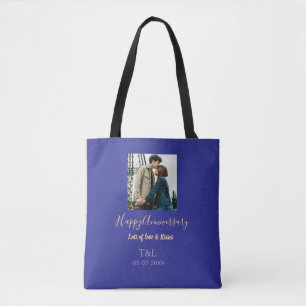 Modern boho happy anniversary add name blue orange tote bag