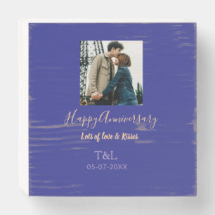 Modern boho happy anniversary add name blue orange wooden box sign