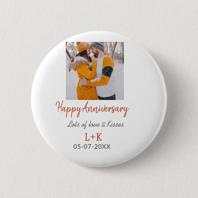 Modern boho happy anniversary add name date orange button (Front)