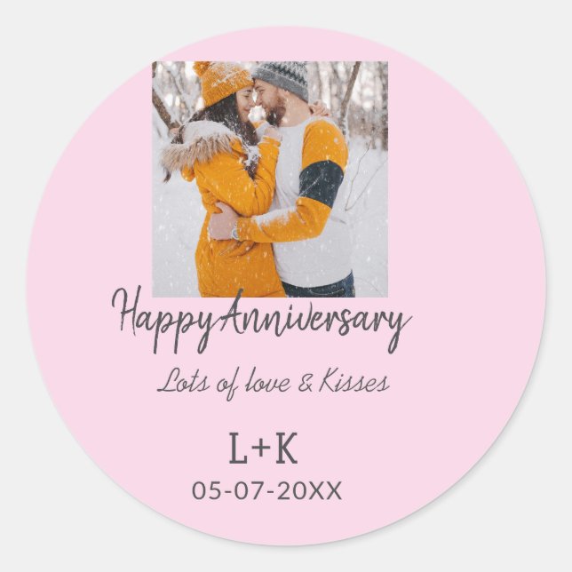 Modern boho happy anniversary add name date orange classic round sticker (Front)