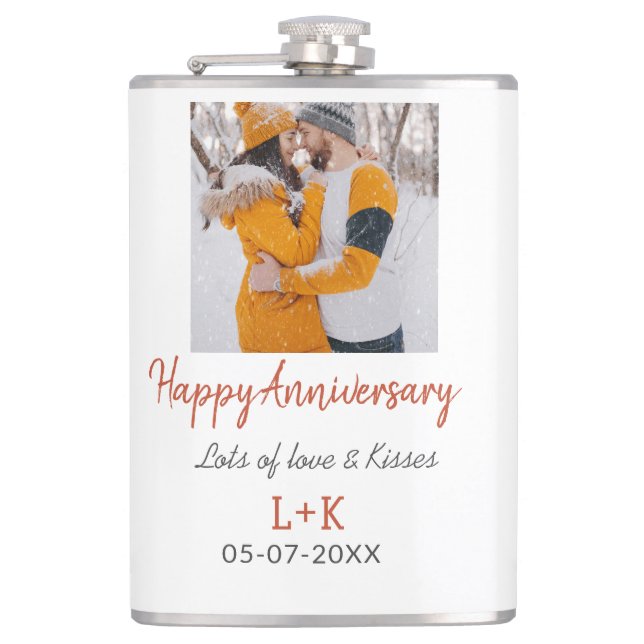 Modern boho happy anniversary add name date orange flask (Front)