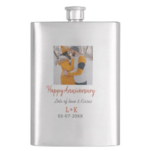 Modern boho happy anniversary add name date orange flask