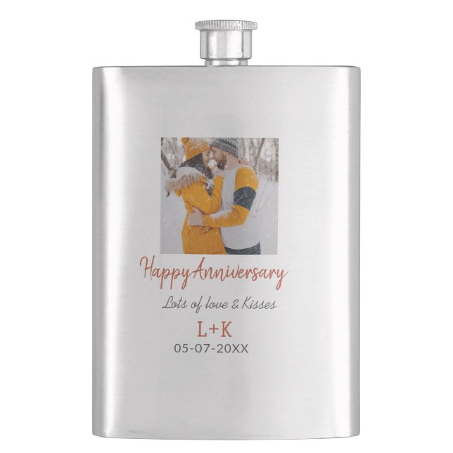 Modern boho happy anniversary add name date orange flask (Front)