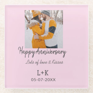 Modern boho happy anniversary add name date orange glass coaster