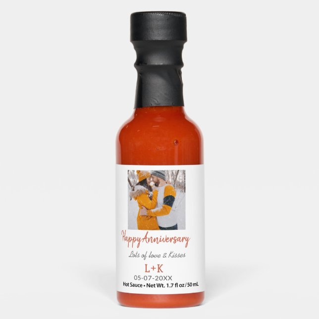 Modern boho happy anniversary add name date orange hot sauces (Front)