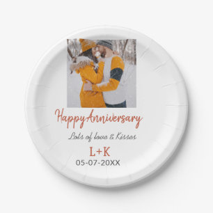Modern boho happy anniversary add name date orange paper plates