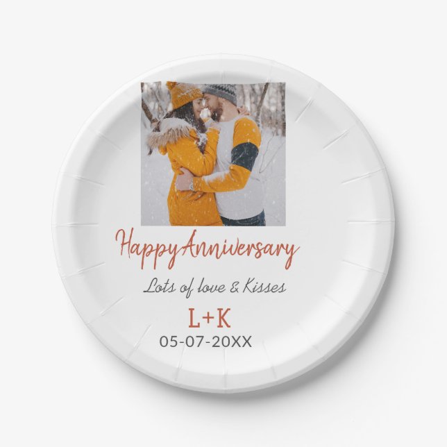 Modern boho happy anniversary add name date orange paper plates (Front)