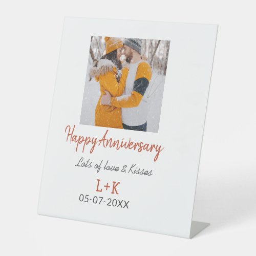 Modern boho happy anniversary add name date orange pedestal sign