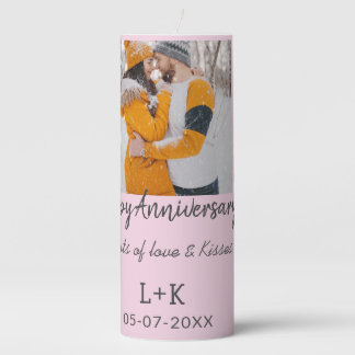 Modern boho happy anniversary add name date orange pillar candle