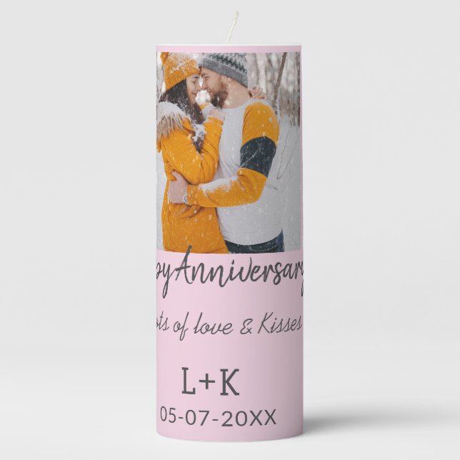 Modern boho happy anniversary add name date orange pillar candle (Front)