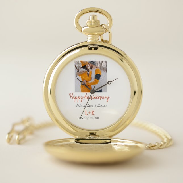 Modern boho happy anniversary add name date orange pocket watch (Inside)