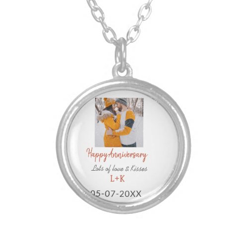 Modern boho happy anniversary add name date orange silver plated necklace