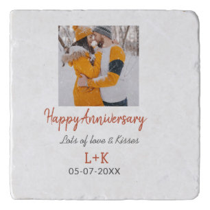 Modern boho happy anniversary add name date orange trivet