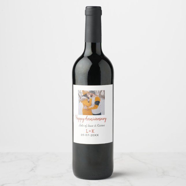 Modern boho happy anniversary add name date orange wine label (Front)