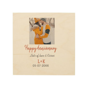 Modern boho happy anniversary add name date orange wood wall art