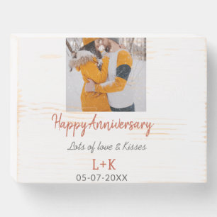 Modern boho happy anniversary add name date orange wooden box sign