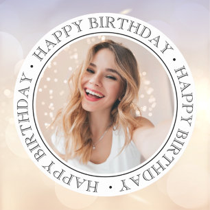 Modern Boho Happy Birthday black and white Photo Classic Round Sticker