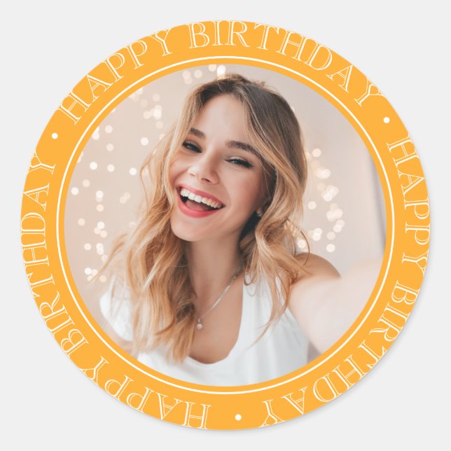 Modern Boho Happy Birthday retro mustard Photo  Classic Round Sticker (Front)