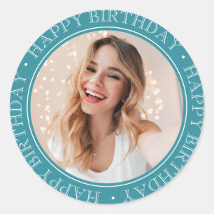 Modern Boho Happy Birthday Retro Teal Blue Photo Classic Round Sticker
