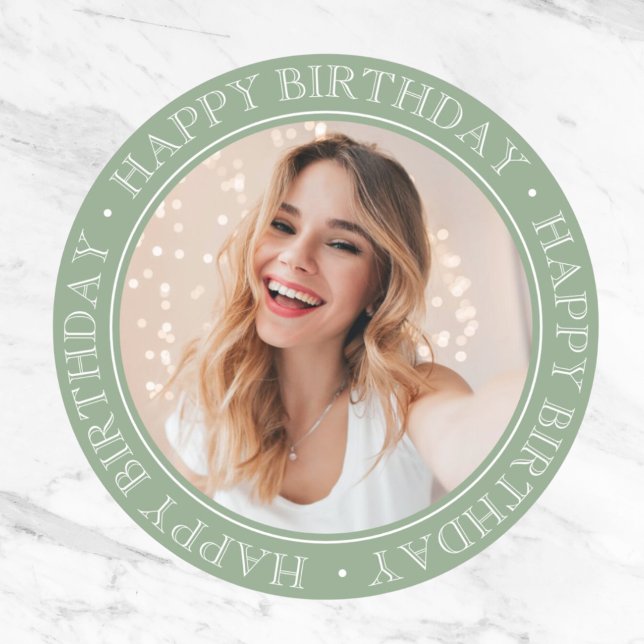 Modern Boho Happy Birthday sage green Photo  Classic Round Sticker (happy birthday sticker modern design with photo simple and elegant)