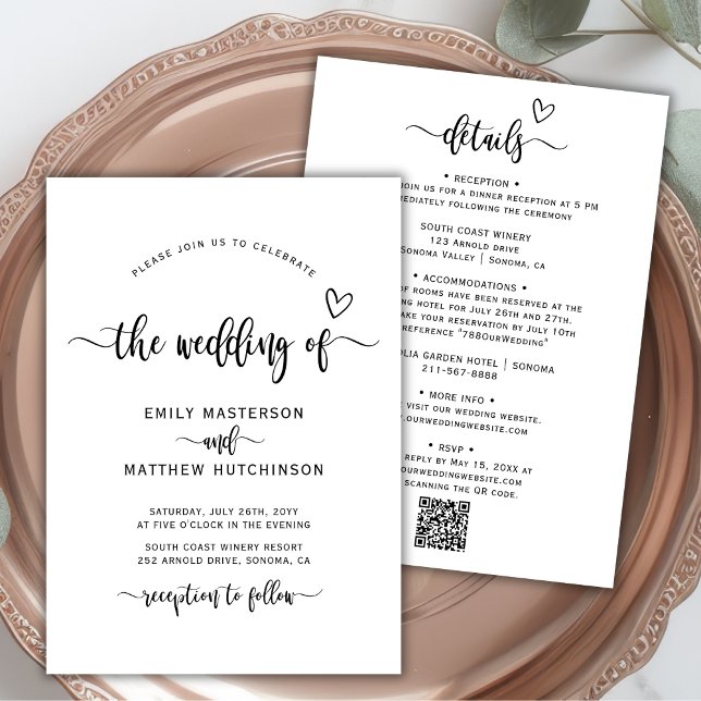 Modern Boho Heart Calligraphy QR Code Wedding Invitation (Creator Uploaded)