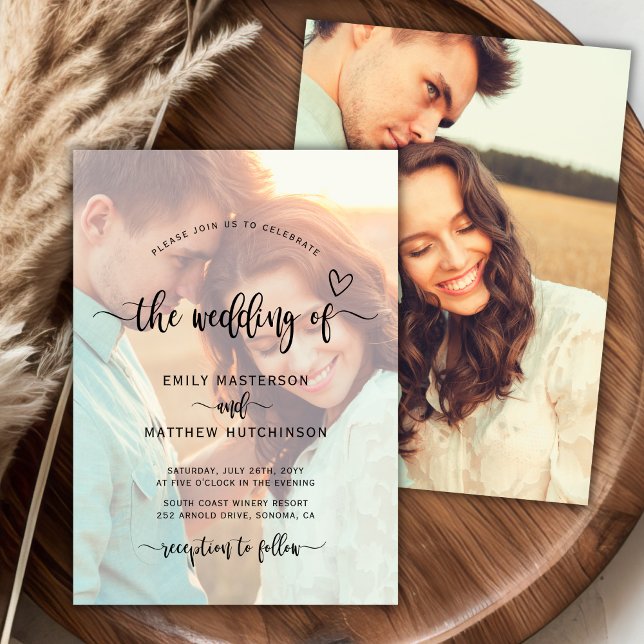 Modern Boho Heart Script Photo Overlay Wedding Invitation (Creator Uploaded)