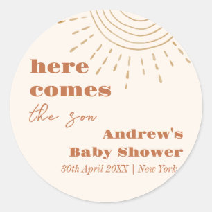 Modern Boho Here Comes The Son Baby Shower Classic Round Sticker