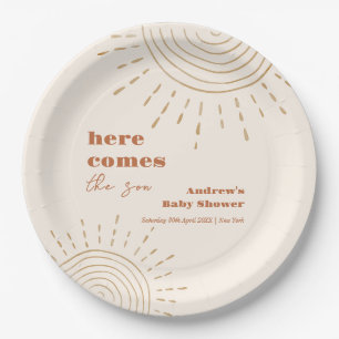 Modern Boho Here Comes The Son Baby Shower Paper Plates