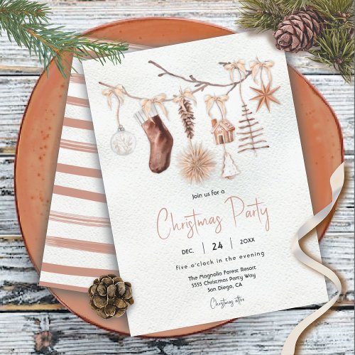 Modern Boho Holiday Christmas Party Branch Invitation