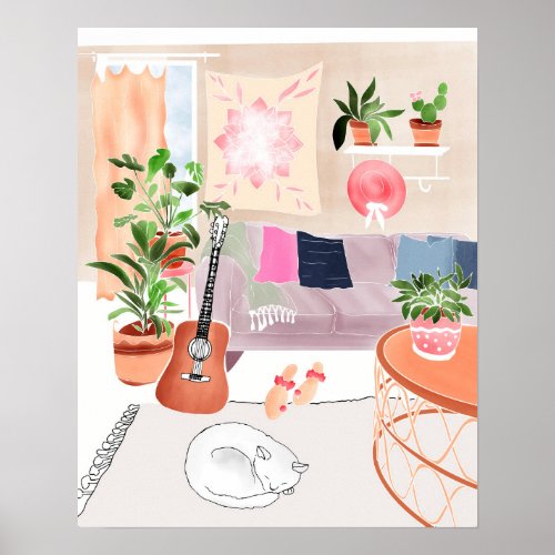 Modern boho home deco style scene illustration poster