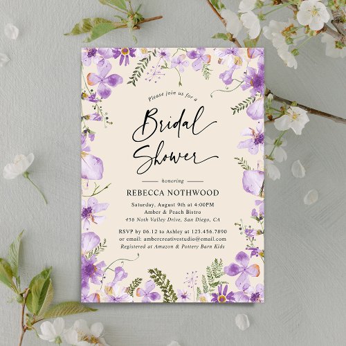 Modern Boho Lavender Wildflowers Bridal Shower Invitation