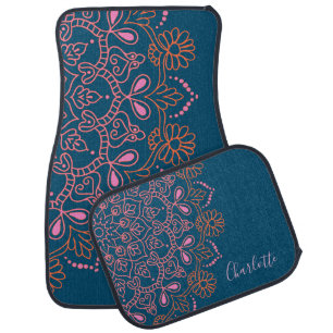 Modern Boho Mandala Medallion Blue Script Name   Car Floor Mat