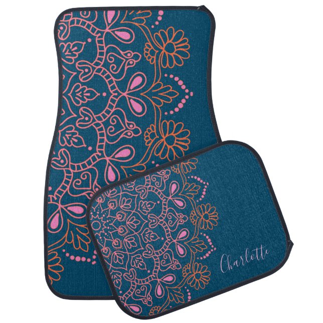 Modern Boho Mandala Medallion Blue Script Name   Car Floor Mat (Set)