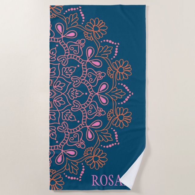 Modern Boho Mandala Medallion in Teal Personalized Beach Towel (Front)