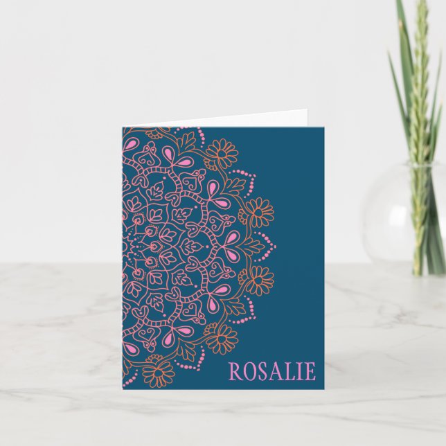 Modern Boho Mandala Medallion in Teal Personalized Thank You Card (Front)