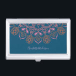 Modern Boho Mandala Medallion Teal Script Name  Business Card Case<br><div class="desc">A modern spin on a classic mandala motif in pink and orange on a dark teal background,  personalized with your name.</div>
