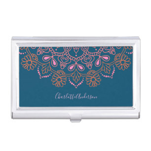 Modern Boho Mandala Medallion Teal Script Name  Business Card Case