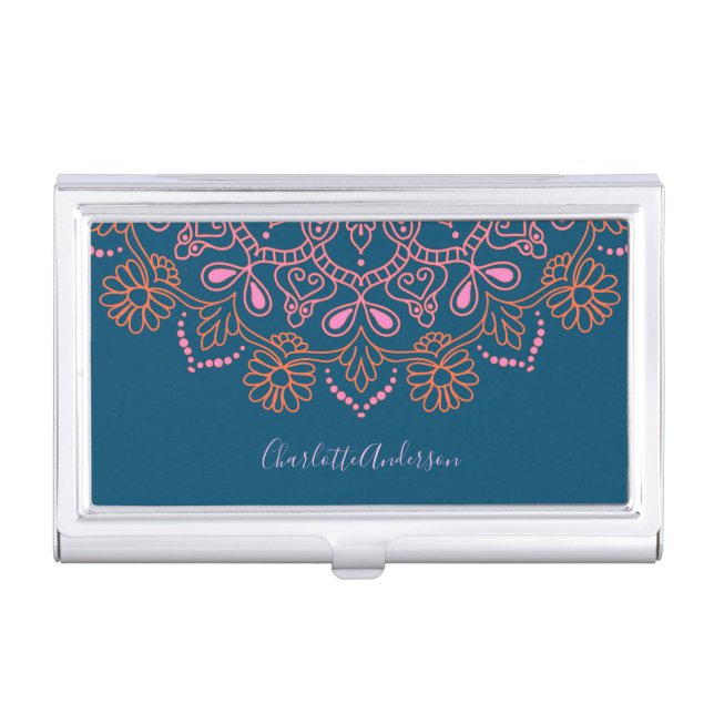 Modern Boho Mandala Medallion Teal Script Name  Business Card Case (Front)