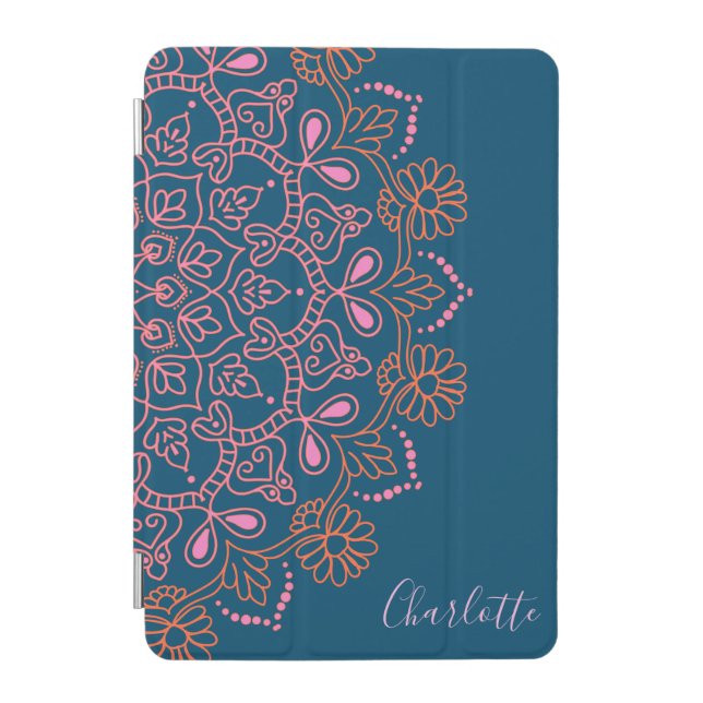 Modern Boho Mandala Medallion Teal Script Name  iPad Mini Cover (Front)