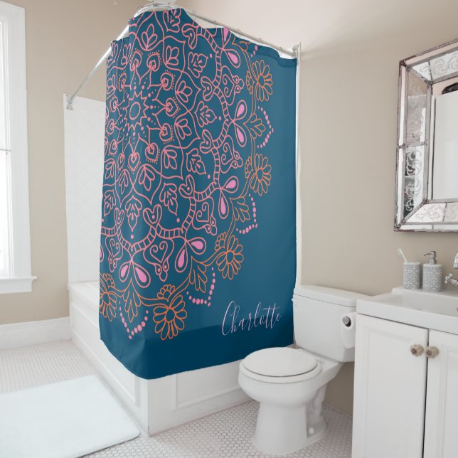 Modern Boho Mandala Medallion Teal Script Name   Shower Curtain (In Situ)