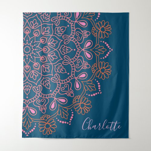 Modern Boho Mandala Medallion Teal Script Name  Tapestry