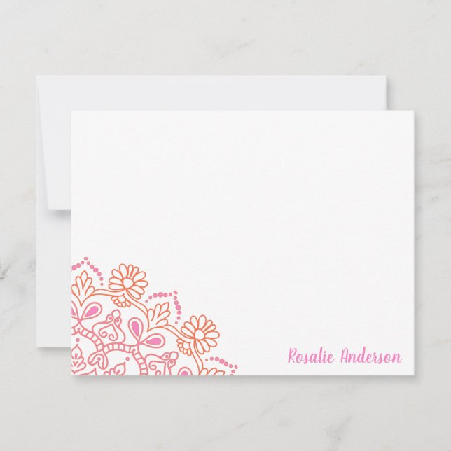 Modern Boho Mandala Pink and Orange Personalized  Note Card (Front)
