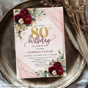 Modern Boho Maroon Gold Roses 80th Birthday Invite