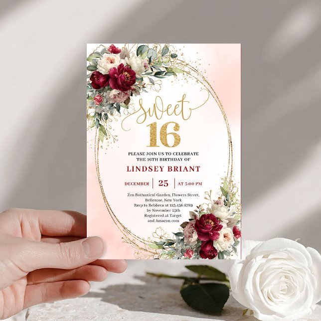 Modern Boho Marsala Gold Floral Sweet Sixteen Invitation (Modern Boho Marsala Gold Floral Sweet Sixteen Invite)