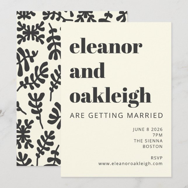Modern Boho Matisse Botanical Black White Wedding  Invitation (Front/Back)