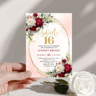 Modern Boho Merlot Gold Floral Sweet Sixteen 16th Invitation