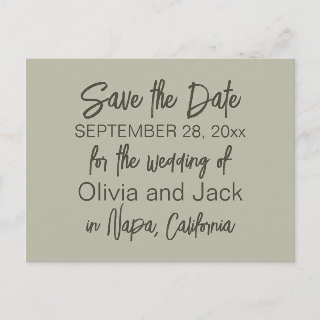 Modern Boho Minimalist Sage Green Save the Date Postcard (Front)